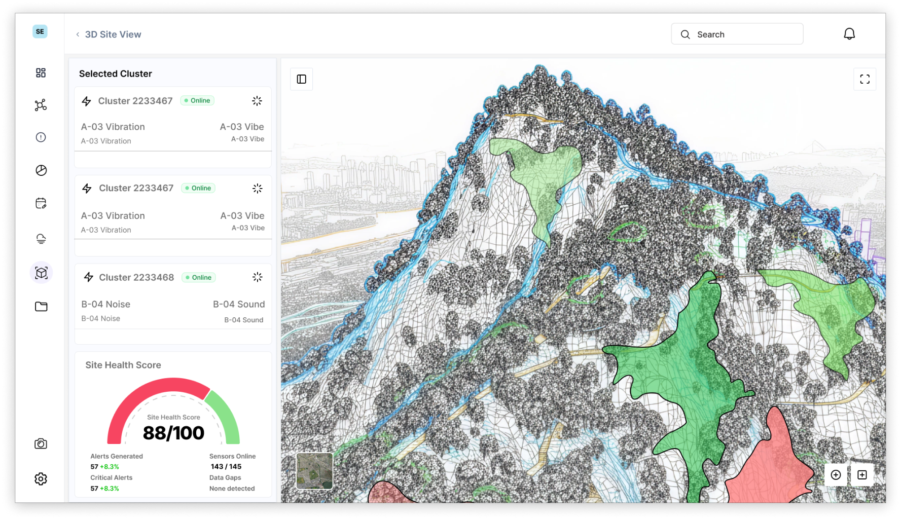 A-SHM 3D site view showing monitored terrain and sensor clusters